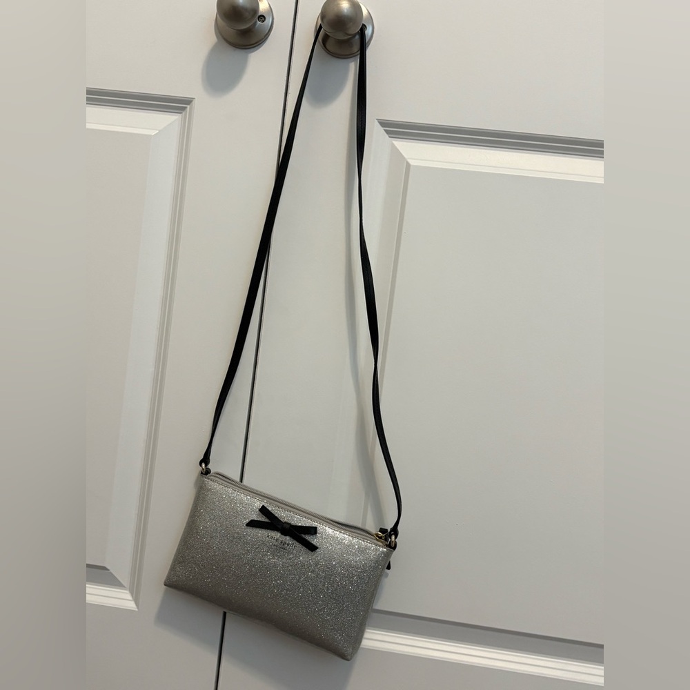 Kate Spade Silver Glitter Crossbody Bag with Black Bow and wallet